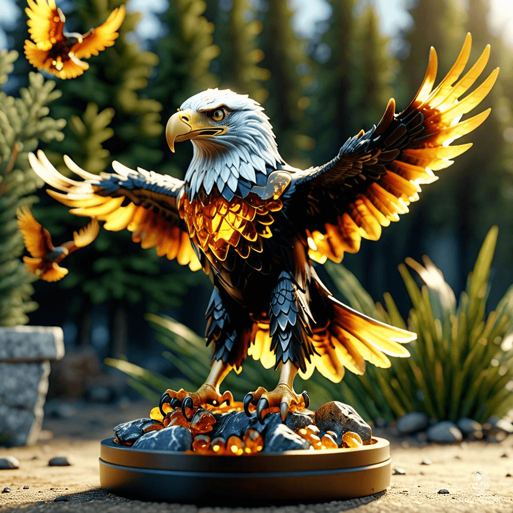 The Amber Eagle is a mesmerizing figurine, crafted from pure amber and intricately shaped to depict an eagle in mid-flight. It radiates a warm, golden glow, imbuing any space with an air of strength and protection. Legends say it grants the bearer clarity of vision, both in mind and spirit, allowing them to soar above challenges and see the truth hidden in shadows.