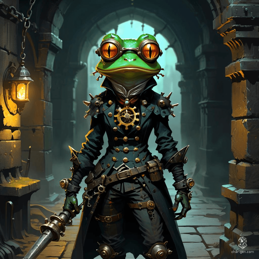 Meet Zephra, a tiny, stealthy female grung assassin with vibrant, colorful skin. Clad in dark clothing, she expertly maneuvers through shadows, wielding concealed daggers with lethal precision. Her frog-like agility and cunning make her a dangerous, unseen threat.