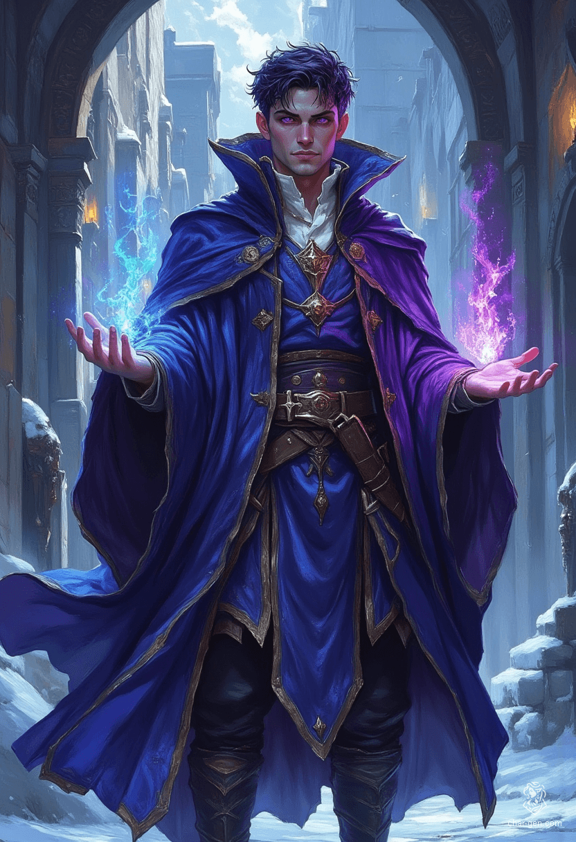 A striking portrait of a slender, ethereal male figure stands against an icy landscape, his glowing violet eyes piercing through the cold. Clad in an elaborate dark blue robe, his short, dark purple hair sways in the frigid wind as magic emanates from his beautifully detailed hands, creating an enchanting aura.