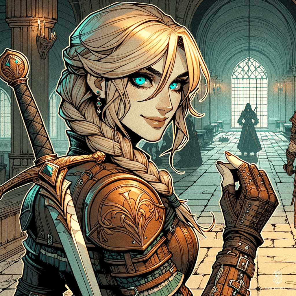 Lillian Gordiana, a nimble and hardy 19-year-old human rogue, excels as a criminal and spy. Standing 5'6" with a medium build, she has striking pale skin and captivating turquoise eyes with gold centers. Her braided blonde hair and intricately detailed leather armor emphasize her stealthy and charming demeanor. An intelligent assassin, she wields a dagger with strong precision.