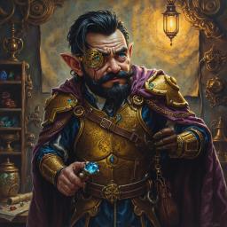 In a dimly lit workshop, a nervous yet charismatic gnome stands poised, his clockwork eye gleaming amid intricate blueprints and magical devices. Dressed in a disheveled mithral breastplate and rich attire, his mechanical arm and gemstone device hint at both brilliance and impending danger.