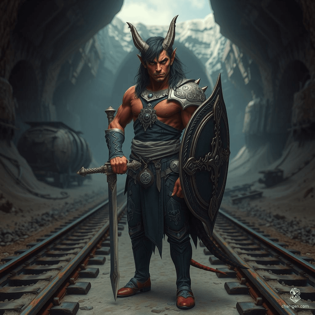 Eremiel is a 17-year-old tiefling paladin with red skin, yellow eyes, and jet-black hair. Standing 5'7", he possesses a dignified aura and a strong, protective stance. Raised as an acolyte in a temple, his faith guides his pacifist nature. Despite his demonic heritage, Eremiel wields a longsword and a broad, intricately detailed shield, devoted to protecting his sanctuary.