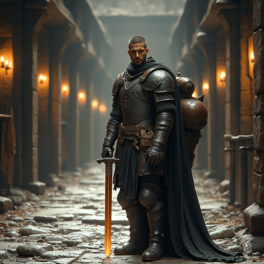 A determined young fighter embarks on his first battle, clad in dark silver chain and polished pauldron armor. His leather bracers and copper leg armor accentuate his agility, while a sheathed sword hangs at his waist. Pouch and bag secured, he carries a shield, bed-roll, and backpack, ready to face destiny.
