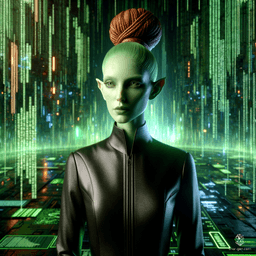 A tall, gaunt female Githyanki with distinct pale green skin, accented by russet hair in a topknot. She exudes serenity in a tight black leather suit, reminiscent of Trinity from The Matrix. Her calm gaze and fluid posture mark her as a disciplined monk.