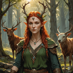 Keyleth, a 17-year-old Half-Elven Druid, is from the Air tribe of the Ashari people. Marked by her cherry-red hair and deep brown eyes, she possesses extreme wisdom despite lacking strength, agility, and charm. Raised to lead, she embarks on the Aramente to prove her connection to nature and elemental magic.