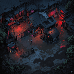 Nestled in a rain-soaked cyberpunk district, this horse stable complex blends decaying urban grit with flickering neon. Restless cyber-steeds stir beneath dim dormitories, while a hidden office conceals clandestine deals. Scattered tools, damaged fences, and lurking surveillance hint at traps and secrets waiting in shadowed alleys.