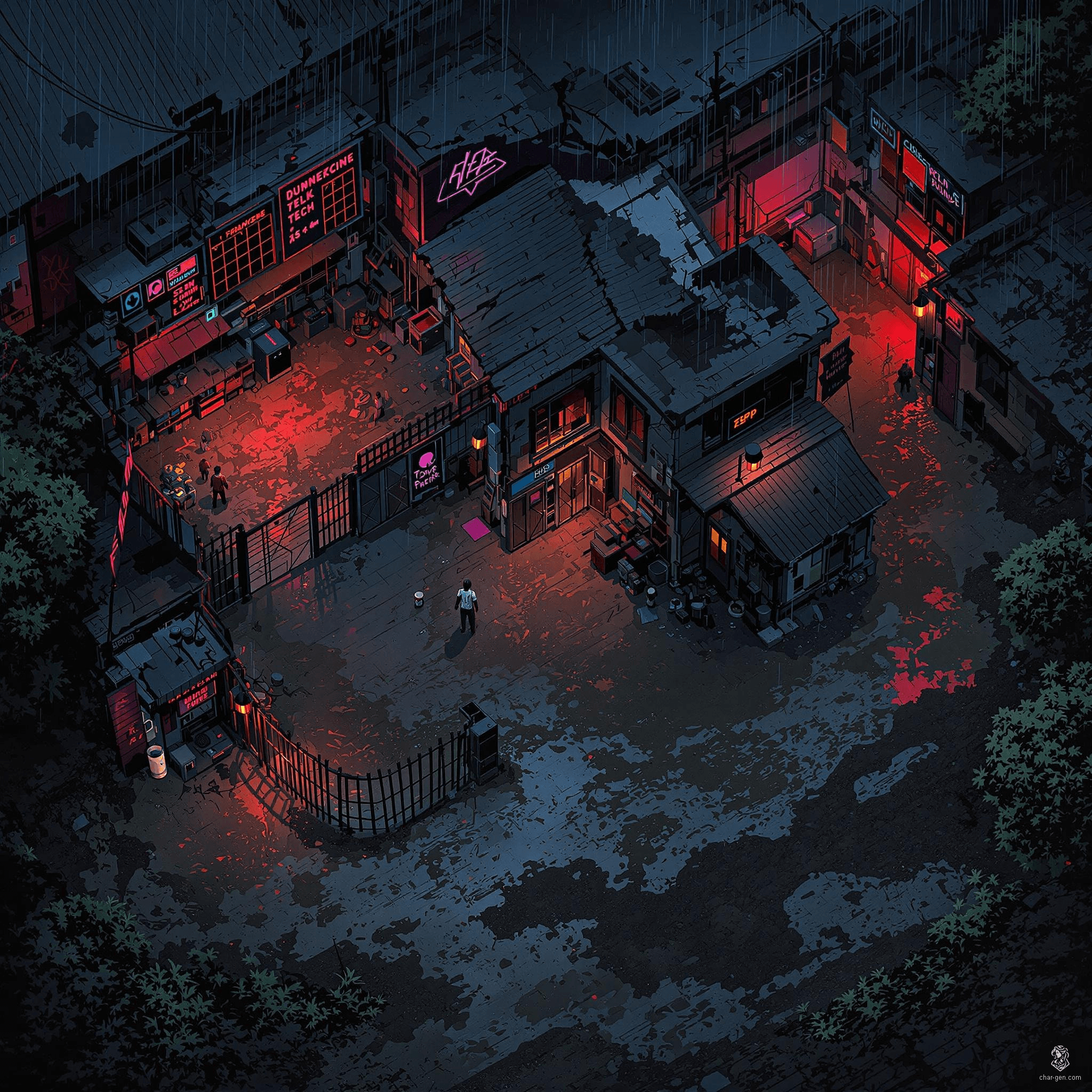 Nestled in a rain-soaked cyberpunk district, this horse stable complex blends decaying urban grit with flickering neon. Restless cyber-steeds stir beneath dim dormitories, while a hidden office conceals clandestine deals. Scattered tools, damaged fences, and lurking surveillance hint at traps and secrets waiting in shadowed alleys.