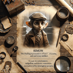 Simon, the skeletal halfling investigator, is a sharp-witted seeker of truth. With his bony frame and glowing eyes, he navigates the shadows of his world, unraveling mysteries with cunning insight and an unyielding curiosity that defies his eerie appearance.