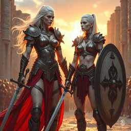 In a grand ancient gladiator arena, two formidable Drow sisters prepare for battle. The tall, fierce warrior brandishes dual swords, her flowing white hair and piercing red eyes radiating strength. Beside her, the stocky, scarred sister stands resolute with a battered shield, embodying resilience and unity in the face of danger.