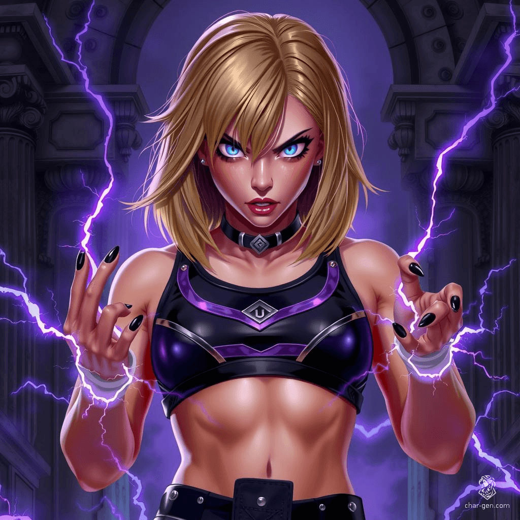 A fierce young warrior, she stands in a dark temple with shoulder-length golden hair and piercing white eyes. Her muscled abs glisten under the flickering purple lightning. Dressed in a black and purple leather crop top, black fingernails crackle with electricity as purple mist swirls around her, amplifying her formidable presence.