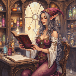Maryam, the Apothecary Witch, is a wise and charming older elf with tanned skin and playful wrinkles. Her tea-colored hair, streaked with grey, is pulled into a loose ponytail, while her inquisitive topaz eyes sparkle behind rimless spectacles. Surrounded by herbs and potions, she balances professionalism with a zest for exploration.