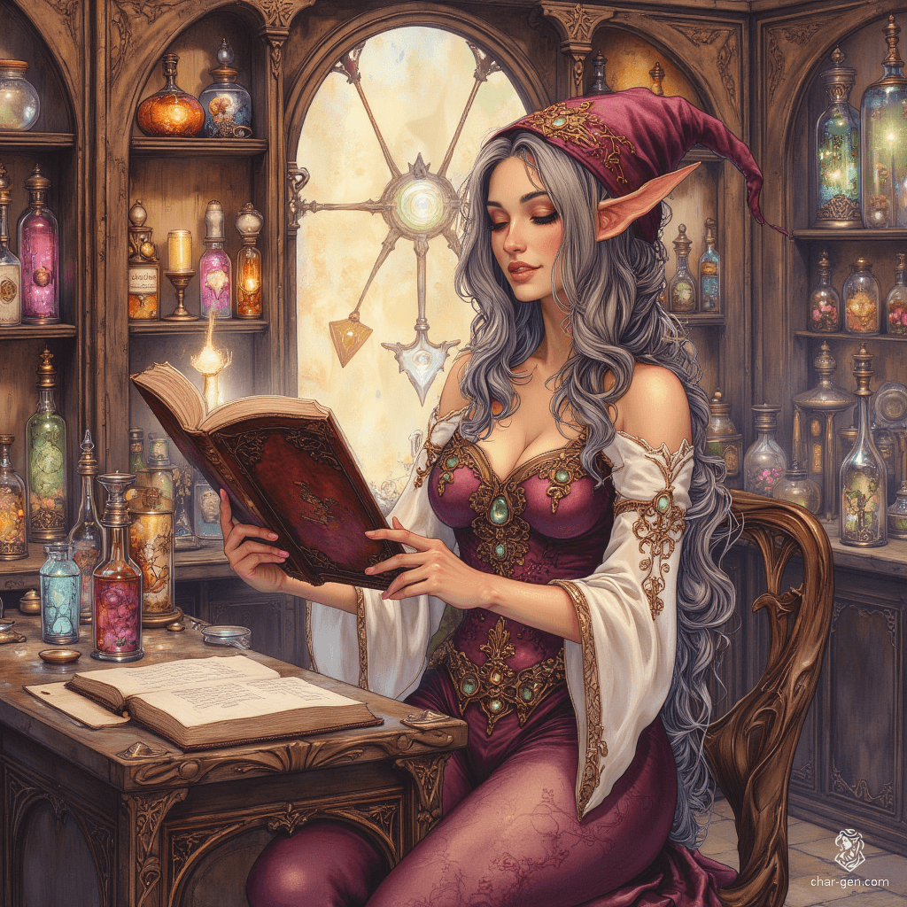 Maryam, the Apothecary Witch, is a wise and charming older elf with tanned skin and playful wrinkles. Her tea-colored hair, streaked with grey, is pulled into a loose ponytail, while her inquisitive topaz eyes sparkle behind rimless spectacles. Surrounded by herbs and potions, she balances professionalism with a zest for exploration.