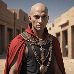 A mysterious bald human male hailing from a desert town, he dons a shimmering mithril chain shirt beneath a flowing black and red cape. His presence exudes an aura of intrigue, reminiscent of a character from a dark 70's animated fantasy, hinting at untold secrets and hidden power.
