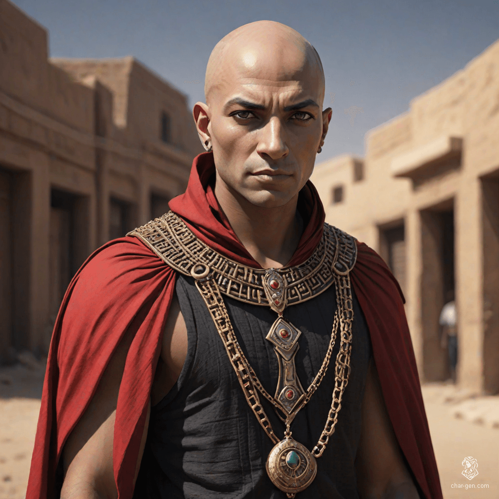 A mysterious bald human male hailing from a desert town, he dons a shimmering mithril chain shirt beneath a flowing black and red cape. His presence exudes an aura of intrigue, reminiscent of a character from a dark 70's animated fantasy, hinting at untold secrets and hidden power.