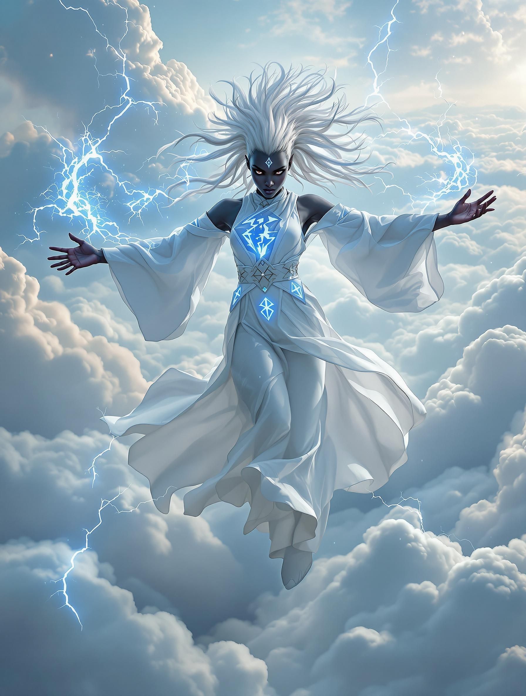 Amidst swirling blue lightning, a young Drow sorceress hovers dramatically in mid-air, arms wide open. Her jet-black skin and striking white mohawk radiate power in elegant, glowing blue sigils across her flowing white robes, embodying the essence of magic in a tempestuous gale.