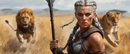 A fierce female barbarian with silver braided hair, clad in leather armor and wielding a spear, stands resolute on the sunlit savanna. Flanked by two powerful lionesses, her intense gaze and vibrant presence capture the wild strength and untamed spirit of the grasslands.