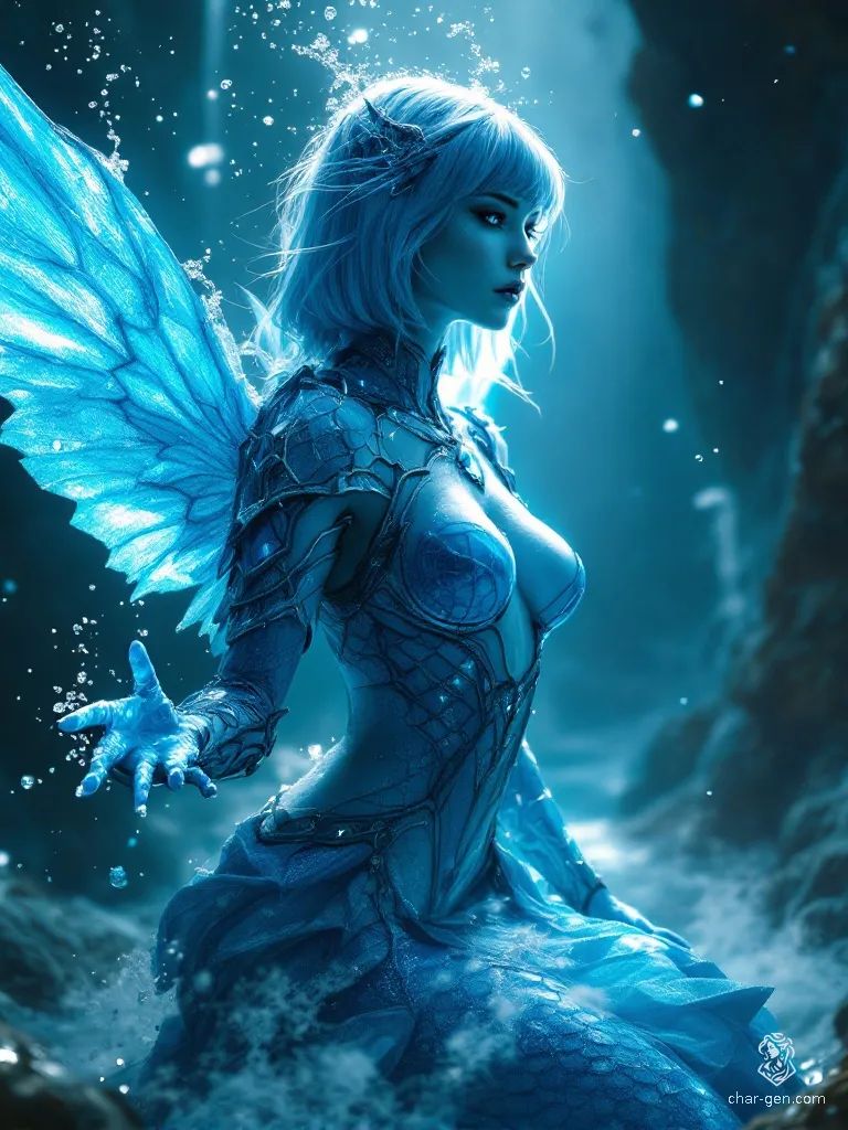 Lyra, a captivating young sorceress, embodies raw power and grace. Her pale blue skin glistens with shimmering scales, while ocean-blue armor adorned with bioluminescent sigils enhances her allure. Enigmatic wings resemble flowing water, and a mystical mist surrounds her, elevating her into a realm of enchantment.