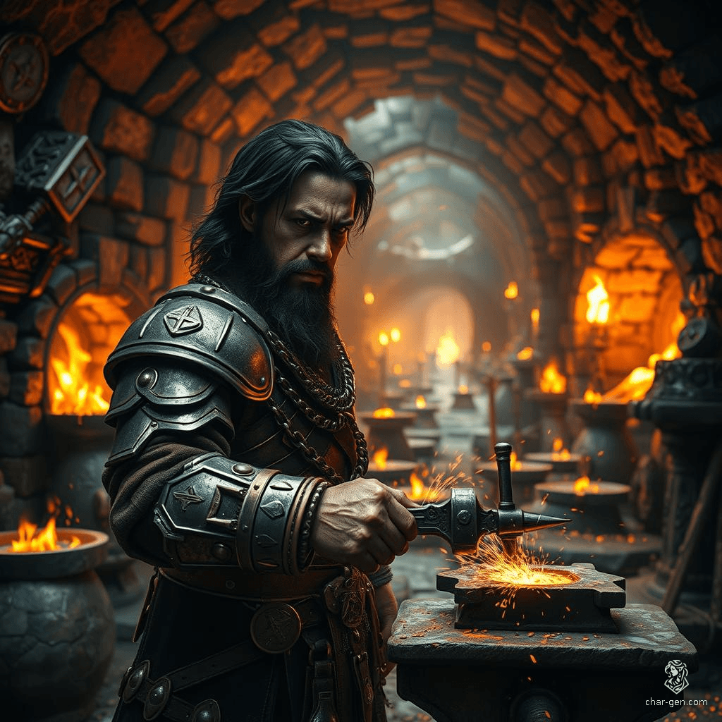 Meet Balgrim, the dark-skinned dwarven artificer, renowned for his intricate goggles and skill in crafting powerful weapons. Amid the sparks of his forge, he masterfully melds metal, wielding a hammer with unmatched precision while his flintlock gun stands ready at his side.