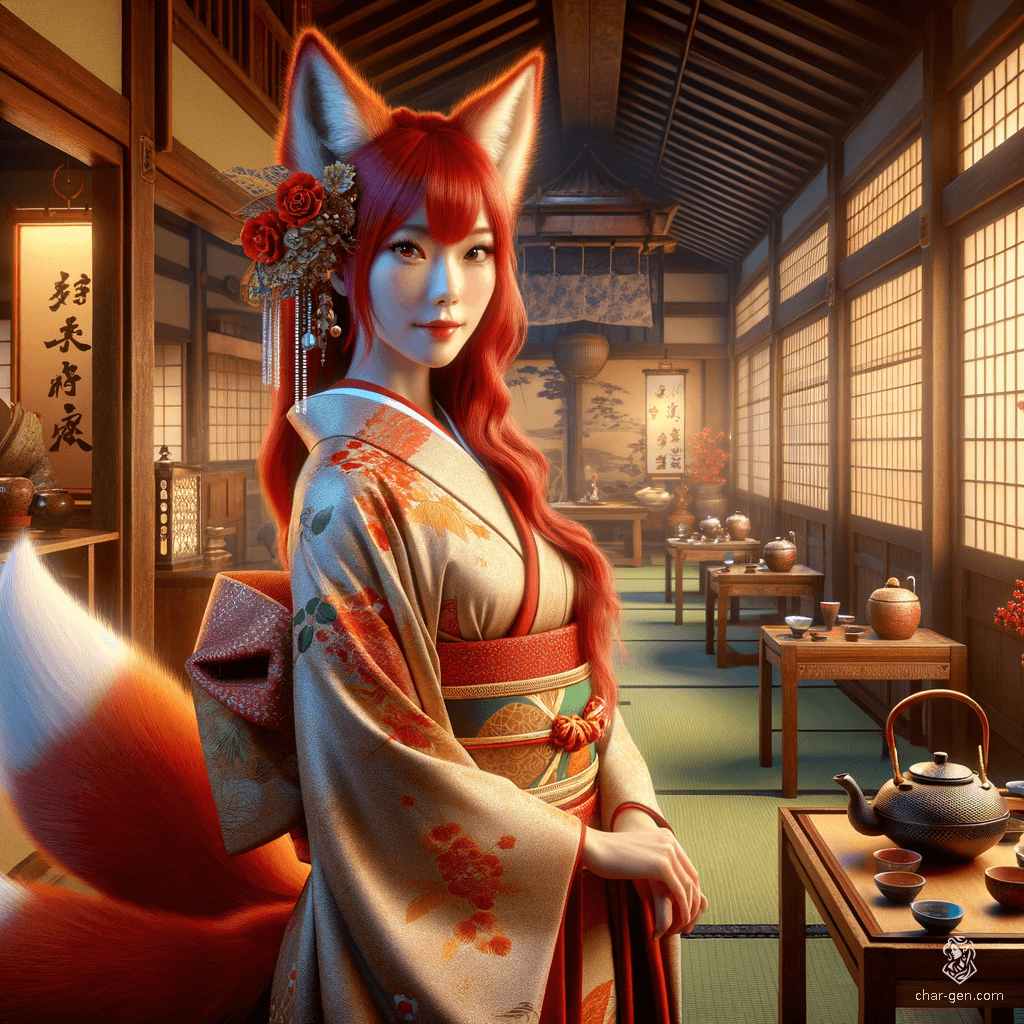 A graceful Kitsune courtesan with bold, cherry-red hair, this fair-skinned, 32-year-old Asian woman captivates in an elegant kimono. Red fox ears and three tails trail behind her, embodying mystique and allure.