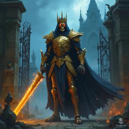A fearsome skeletal warrior clad in ornate golden armor embossed with skull motifs, crowned and wielding a glowing sword. Draped in a dark cape, it stands amid a haunted gothic landscape, surrounded by eerie blue mist and flickering flames, embodying dark majesty and deadly power.