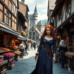 In a medieval town bathed in twilight, cobblestone streets buzz with the echo of footsteps. A 22-year-old woman with flowing copper hair, adorned in a regal purple dress, traverses the enchanting alleys lined with ivy-clad stone buildings, their windows aglow with golden light.