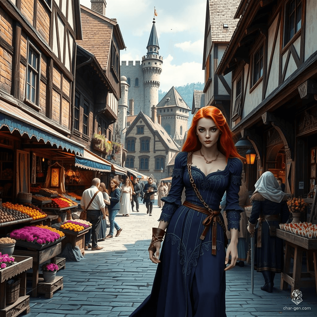 In a medieval town bathed in twilight, cobblestone streets buzz with the echo of footsteps. A 22-year-old woman with flowing copper hair, adorned in a regal purple dress, traverses the enchanting alleys lined with ivy-clad stone buildings, their windows aglow with golden light.
