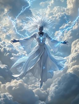Amidst swirling blue lightning, a young Drow sorceress hovers dramatically in mid-air, arms wide open. Her jet-black skin and striking white mohawk radiate power in elegant, glowing blue sigils across her flowing white robes, embodying the essence of magic in a tempestuous gale.