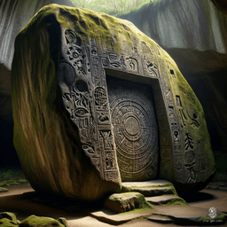 A colossal rock, weathered by time, looms majestically, adorned with ancient arcane inscriptions that shimmer in the twilight. The towering monolith stands as a gateway to hidden realms, its surface pulsing with an otherworldly energy, inviting explorers to uncover the secrets etched in its stone facade.