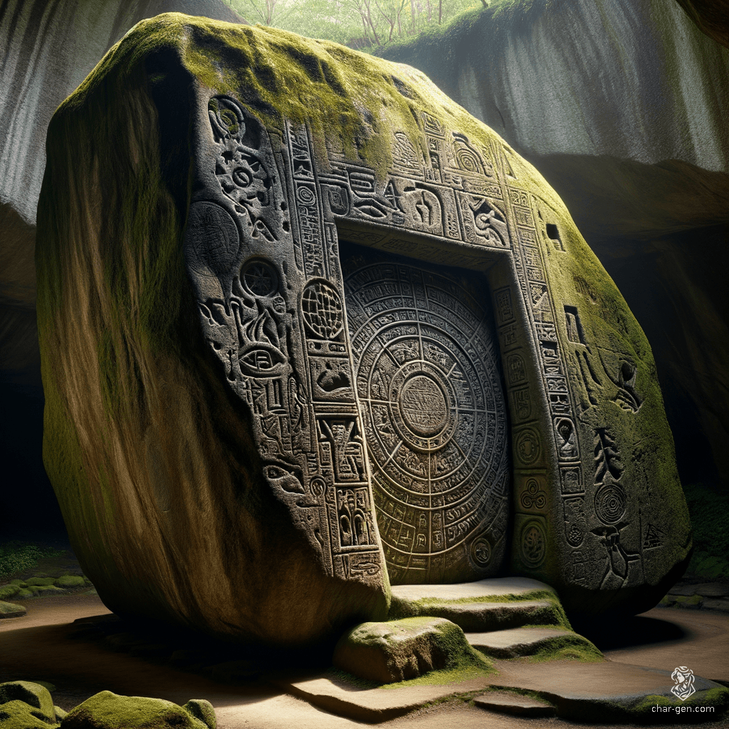 A colossal rock, weathered by time, looms majestically, adorned with ancient arcane inscriptions that shimmer in the twilight. The towering monolith stands as a gateway to hidden realms, its surface pulsing with an otherworldly energy, inviting explorers to uncover the secrets etched in its stone facade.