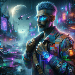 A tan-skinned male artificer, with long greying hair accented by blue strokes, wears a stylish jacket adorned with chaotic floral patches. His intellectual gaze behind light blue oval glasses hints at wisdom. As a magical courier, he weaves through realms with intricate gadgets, a tome, and a satchel of enchanted messages.