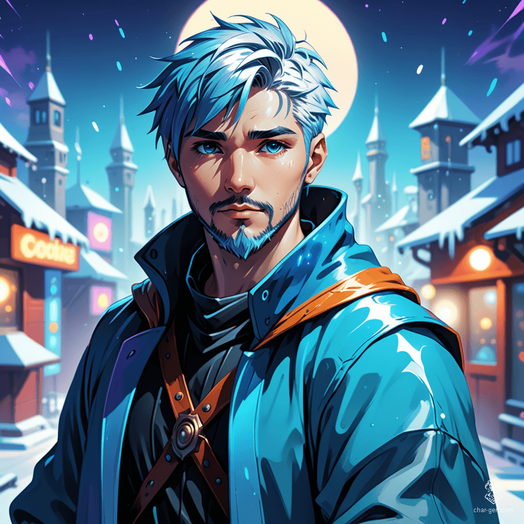 A 30-year-old human sorcerer with striking blue hair and beard, he wields powerful ice magic. Dressed in vibrant winter attire, his retro anime design radiates a high-contrast, semi-realistic style, embodying the essence of 90s retro-futuristic fantasy.