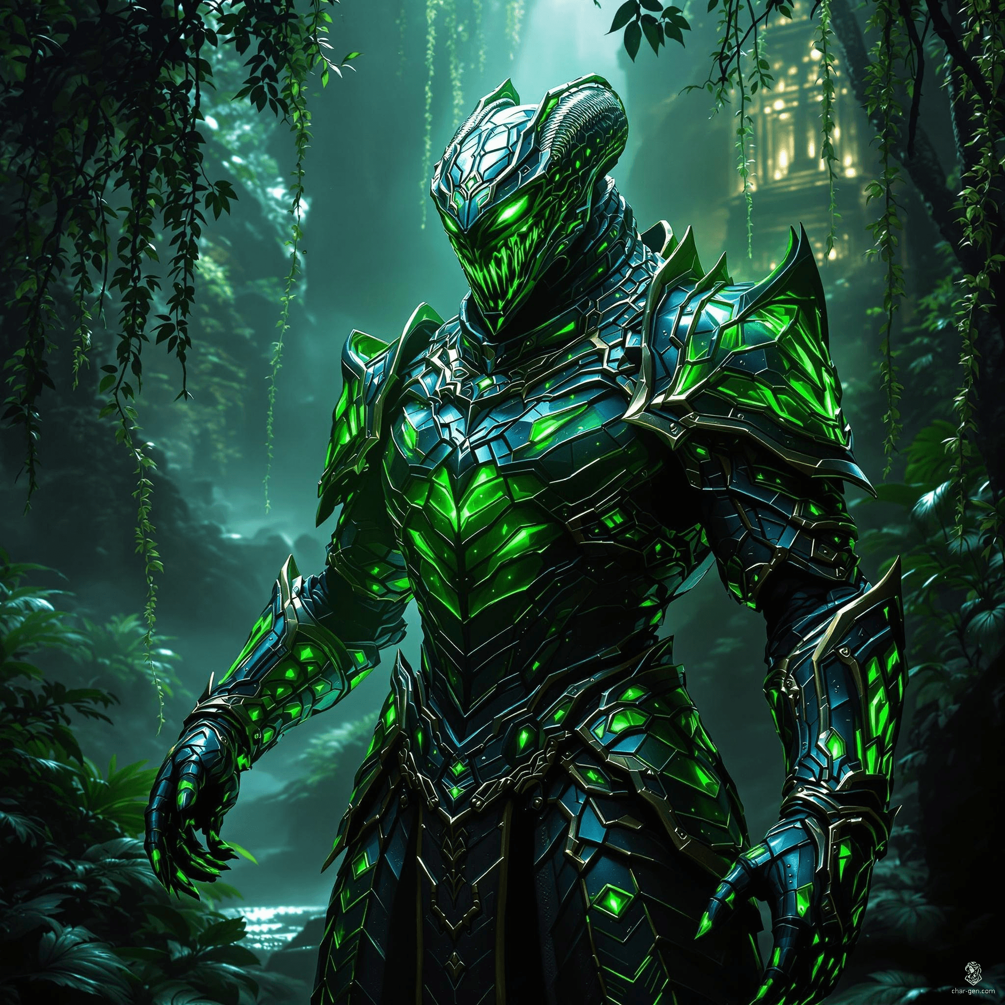 Behold the Armor of the Snake Lord, an ancient relic of serpent magic. Crafted from gleaming emerald and obsidian scales, this sleek suit vibrates with venomous enchantments. Its serpent-inspired design grants the wearer unparalleled agility and stealth, while the glowing eyes of the helm instill terror in foes and awe in allies.