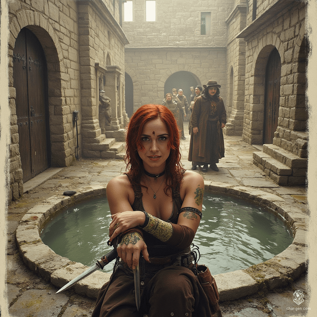 Izzy, a newly emancipated halfling assassin, blends lithe grace with lethal precision. Her medium-toned skin, adorned with shimmering green scales, contrasts her pale skin. With solid yellow-green eyes and mischievous half-smile, she lurks in the shadows, poised for her next target. A master of stealth, danger, and cunning joy await.