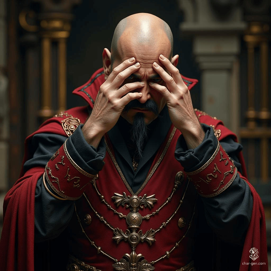 Alaric the Wary, a 40-year-old sorcerer, exudes an air of opulence in his richly adorned vests. His bald head and sharp features, accentuated by black pointed moustaches and a goatee, convey both wisdom and worry as he shields his troubled eyes with trembling hands.