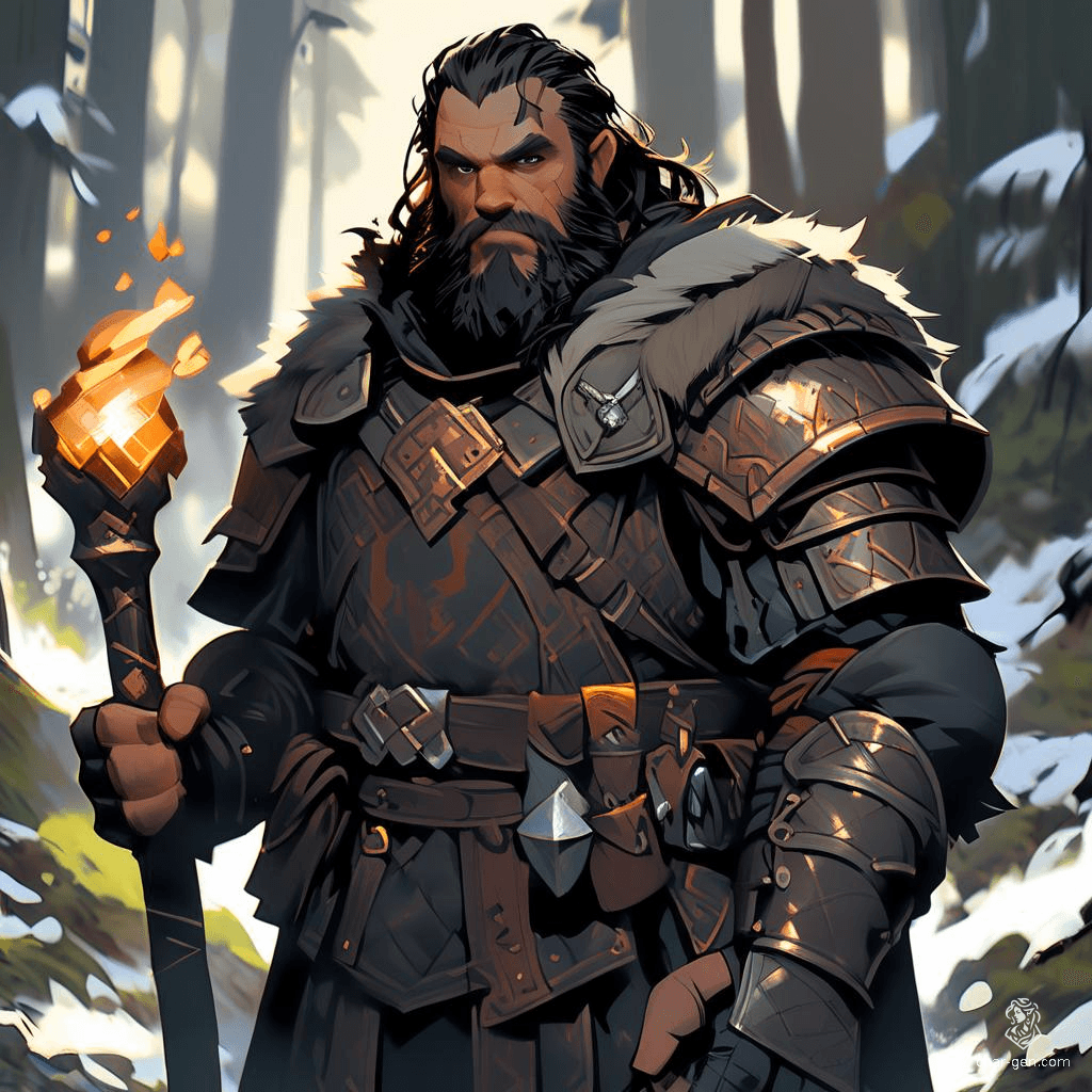 A rugged male dwarf hunter stands in a shadowy forest, his medium-length black hair and beard blending with the earthy tones around him. Clad in chainmail armor and a weathered brown cloak, he grips a glowing hammer, ready to confront the mysteries that lurk within the woods.