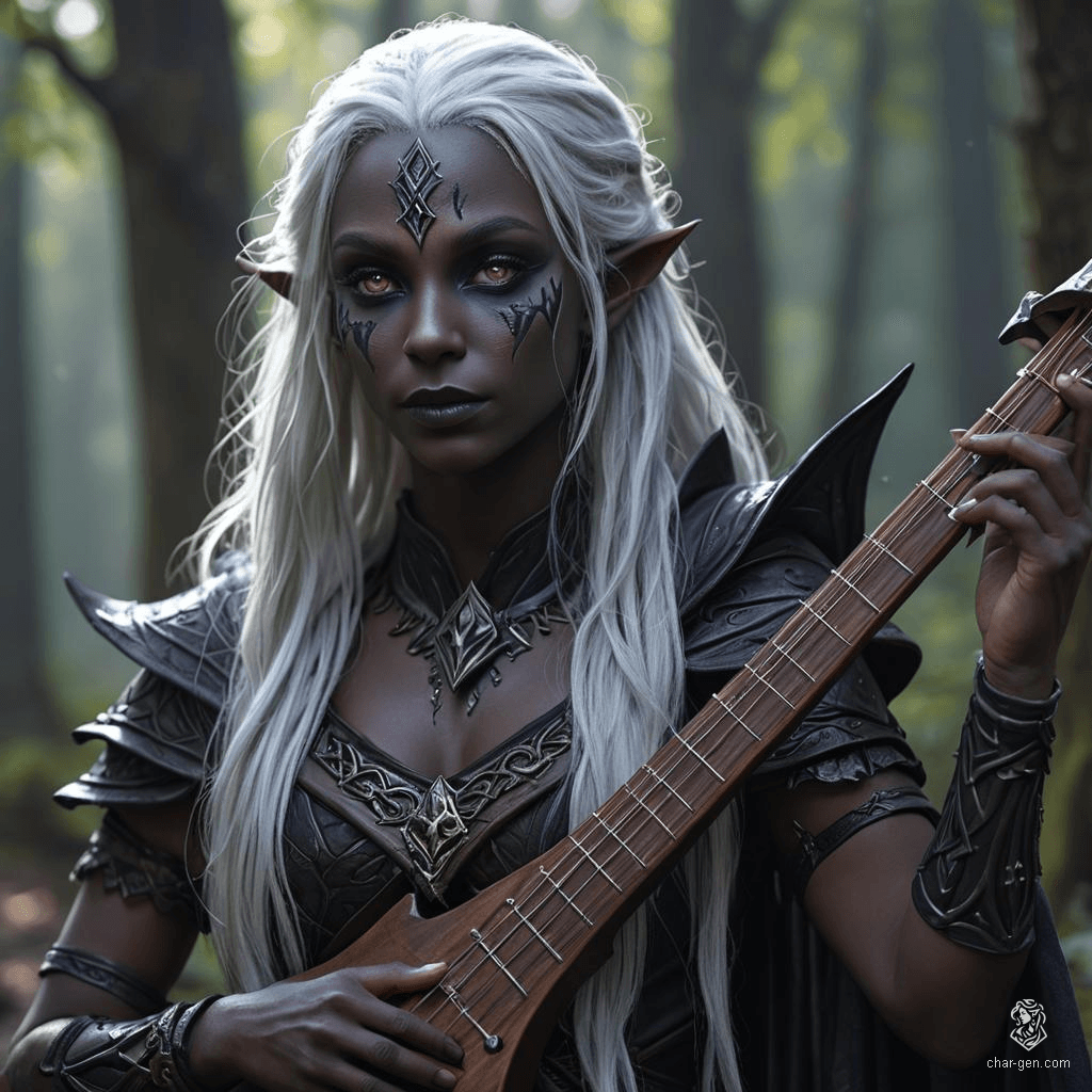 A striking Drow bard with distinct tan skin, contrasting sharply with wavy, long black hair and purple eyes. She carries a magical instrument, using expressive gestures to enchant her audience. Her white hair and grey-skinned heritage add to her captivating presence.