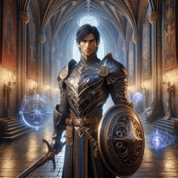 Dorian, a 21-year-old human noble, stands confidently at 6'1" with pale skin and striking ice-blue eyes. His medium build is adorned with enchanted garments covered in arcane sigils. As a battlemaster and knight, he wields a longsword and a detailed broad shield. Embued with unpredictable eldritch magic, Dorian combines extreme intelligence, charm, and strength in battle.