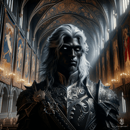 This formidable Shadar-kai paladin, with raven-black hair and striking obsidian eyes, embodies the duality of light and shadow. His dignified presence is accentuated by his elegant armor, symbolizing loyalty to the Raven Queen, while his starkly contrasting very dark skin highlights his mysterious and protective nature.