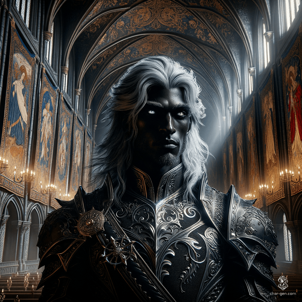This formidable Shadar-kai paladin, with raven-black hair and striking obsidian eyes, embodies the duality of light and shadow. His dignified presence is accentuated by his elegant armor, symbolizing loyalty to the Raven Queen, while his starkly contrasting very dark skin highlights his mysterious and protective nature.