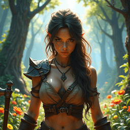 Meet Kaelira, a fierce, olive-skinned barbarian warrior. Her wild, rugged spirit matches her warm chocolate brown hair that cascades in untamed waves. With human-like features and a formidable presence, she commands respect on the battlefield, embodying strength and determination in every stride.