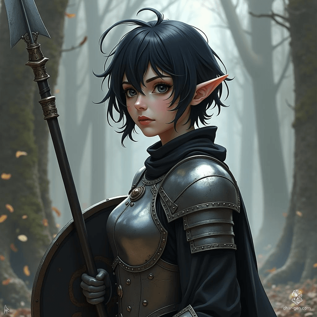 A fierce shadar-kai elf, she wields a gleaming mithril full plate armor that reflects her determination. With coal black eyes and short raven hair, her imposing presence is heightened by a spear in one hand and a shield in the other, ready to defend her shadowy realm.