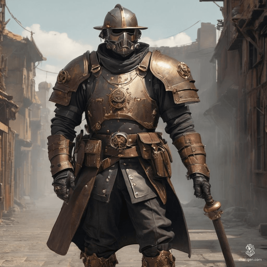A gritty steampunk guard patrols the slums, clad in basic leather armor that mirrors standard issue but lacks any metal. Armed with a sturdy baton, his simple attire and watchful demeanor reflect a harsh world where order strives to survive amidst chaos.