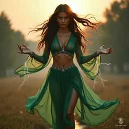 In a dying park at dawn, a regal Persian sorceress hovers, embodying both beauty and fury. With long black hair caught in the wind, her ethereal presence is heightened by sheer, flowing garments that shimmer in the sunlight, revealing her powerful form. White eyes crackle with electricity, ready to unleash her magic.