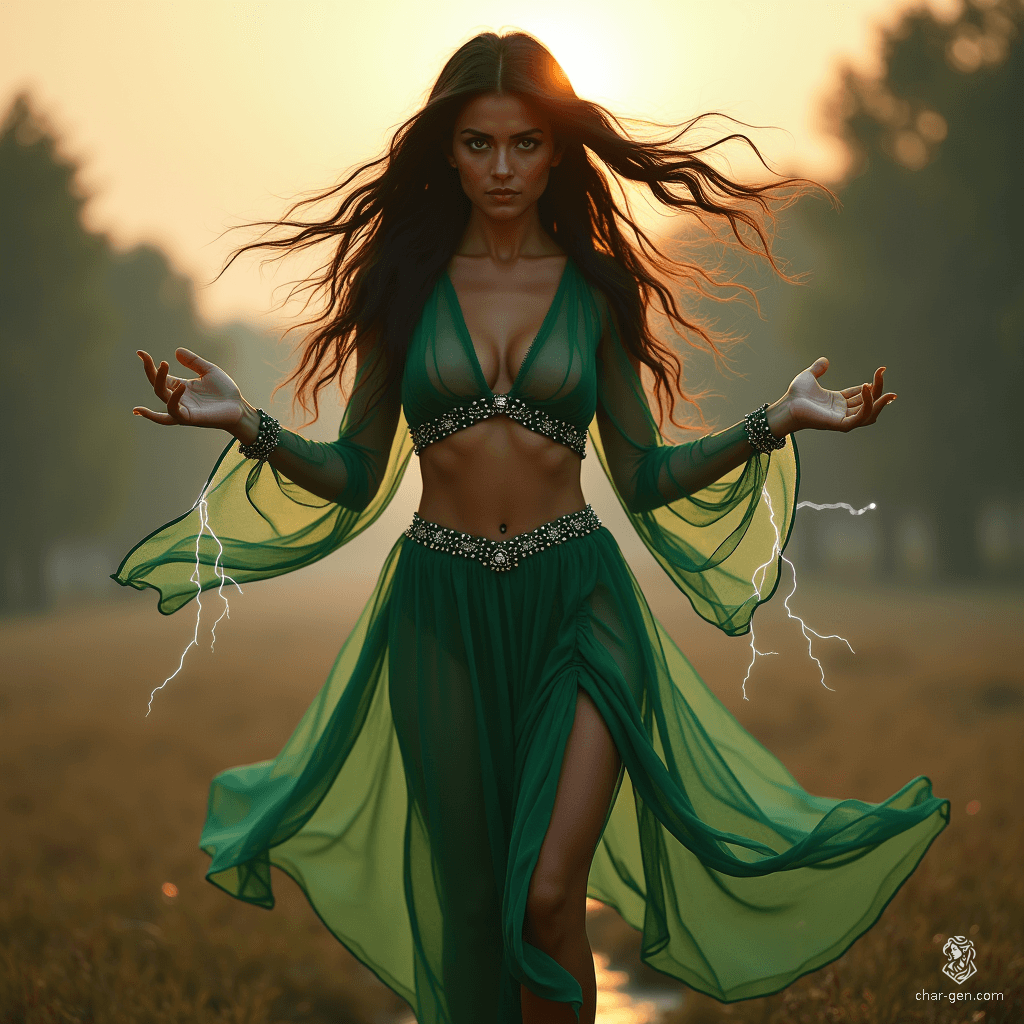 In a dying park at dawn, a regal Persian sorceress hovers, embodying both beauty and fury. With long black hair caught in the wind, her ethereal presence is heightened by sheer, flowing garments that shimmer in the sunlight, revealing her powerful form. White eyes crackle with electricity, ready to unleash her magic.
