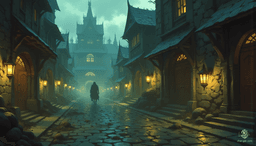 In the twilight shroud of Westcrown, crumbling facades tower like ghostly sentinels along winding cobblestone paths. Flickering lanterns cast soft, eerie glows, illuminating the remnants of past splendor. A thick fog dances overhead, enveloping the streets in an ethereal ambiance, hinting at mysteries long forgotten.