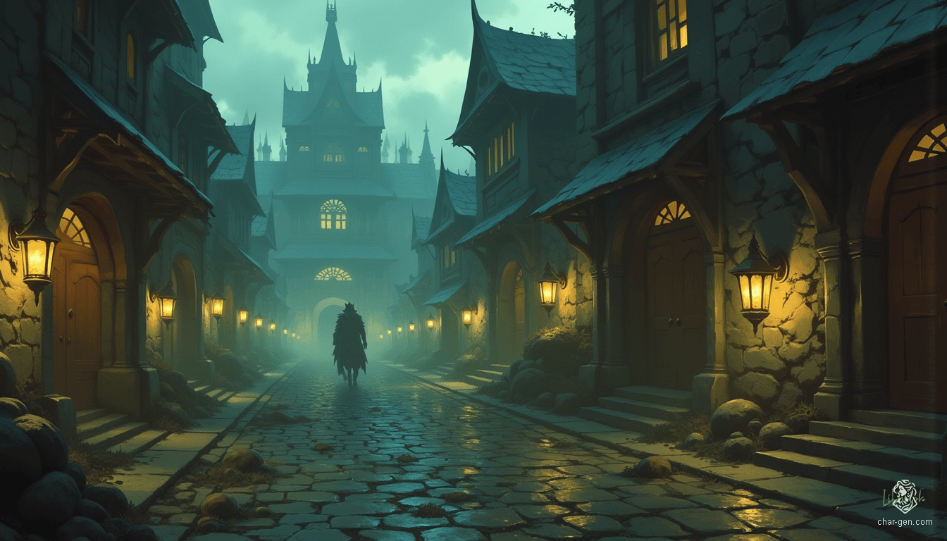 In the twilight shroud of Westcrown, crumbling facades tower like ghostly sentinels along winding cobblestone paths. Flickering lanterns cast soft, eerie glows, illuminating the remnants of past splendor. A thick fog dances overhead, enveloping the streets in an ethereal ambiance, hinting at mysteries long forgotten.