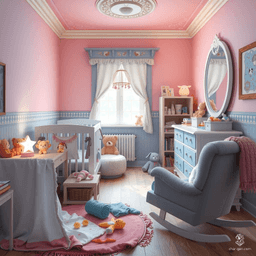 In a cozy, fantastical nursery bathed in soft pastels, a large cushioned crib crowned with plush animals invites serene slumber. A playful border of teddy bears and blocks lines the walls. Across from the crib, vibrant toys and a padded play mat create a joyful play space, while warm ambient light envelops the room in nurturing comfort.