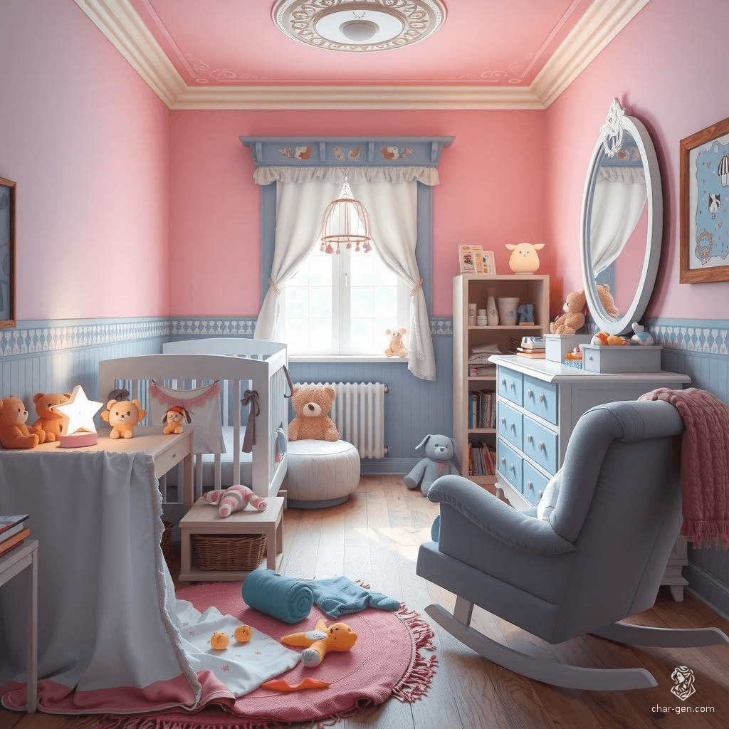 In a cozy, fantastical nursery bathed in soft pastels, a large cushioned crib crowned with plush animals invites serene slumber. A playful border of teddy bears and blocks lines the walls. Across from the crib, vibrant toys and a padded play mat create a joyful play space, while warm ambient light envelops the room in nurturing comfort.