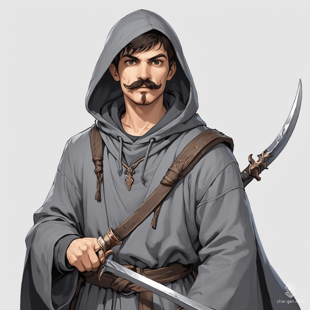 Meet Alaric, a young mage with a striking handlebar mustache that contrasts his flowing grey robes and hoodie. Armed with a gleaming scimitar, he balances arcane mastery and martial prowess, ready to tackle any challenge that crosses his path in the realm of magic and adventure.