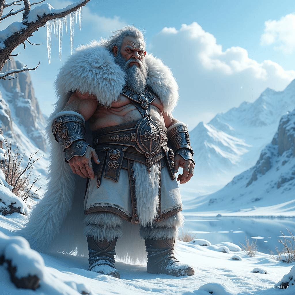 Elderly yet formidable, this rugged barbarian chief commands respect with his hulking presence. Dressed in simple villager attire and a striking white fur cloak, his fierce demeanor masks a lifetime of leadership, survival, and the untamed spirit of the wilderness he calls home.